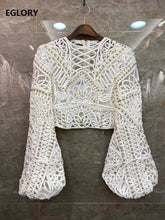 Load image into Gallery viewer, Crop Tops 2020 Spring Summer Fashion Sexy Blouses Women Hand Made Beading Sexy Crochet Embroidery Long Sleeve White Blue Top
