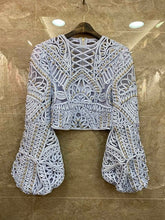 Load image into Gallery viewer, Crop Tops 2020 Spring Summer Fashion Sexy Blouses Women Hand Made Beading Sexy Crochet Embroidery Long Sleeve White Blue Top
