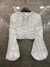 Load image into Gallery viewer, Crop Tops 2020 Spring Summer Fashion Sexy Blouses Women Hand Made Beading Sexy Crochet Embroidery Long Sleeve White Blue Top
